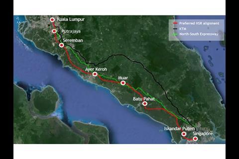 Map of the planned 350 km Kuala Lumpur – Singapore high speed rail line.
